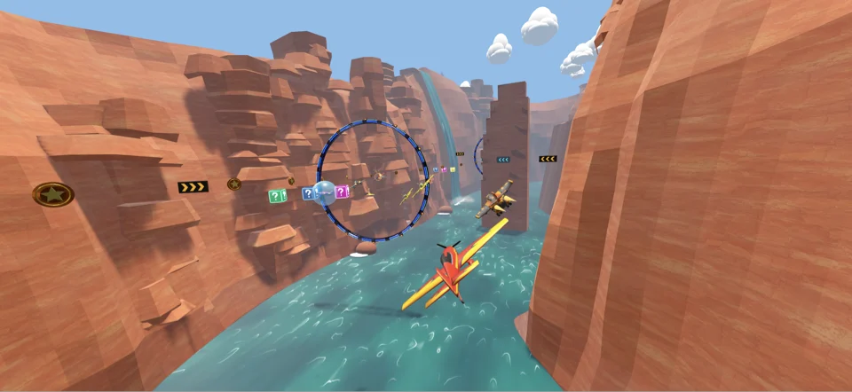 Sunbreak Ridge course with turquoise river, cliffs, and a glowing race gate