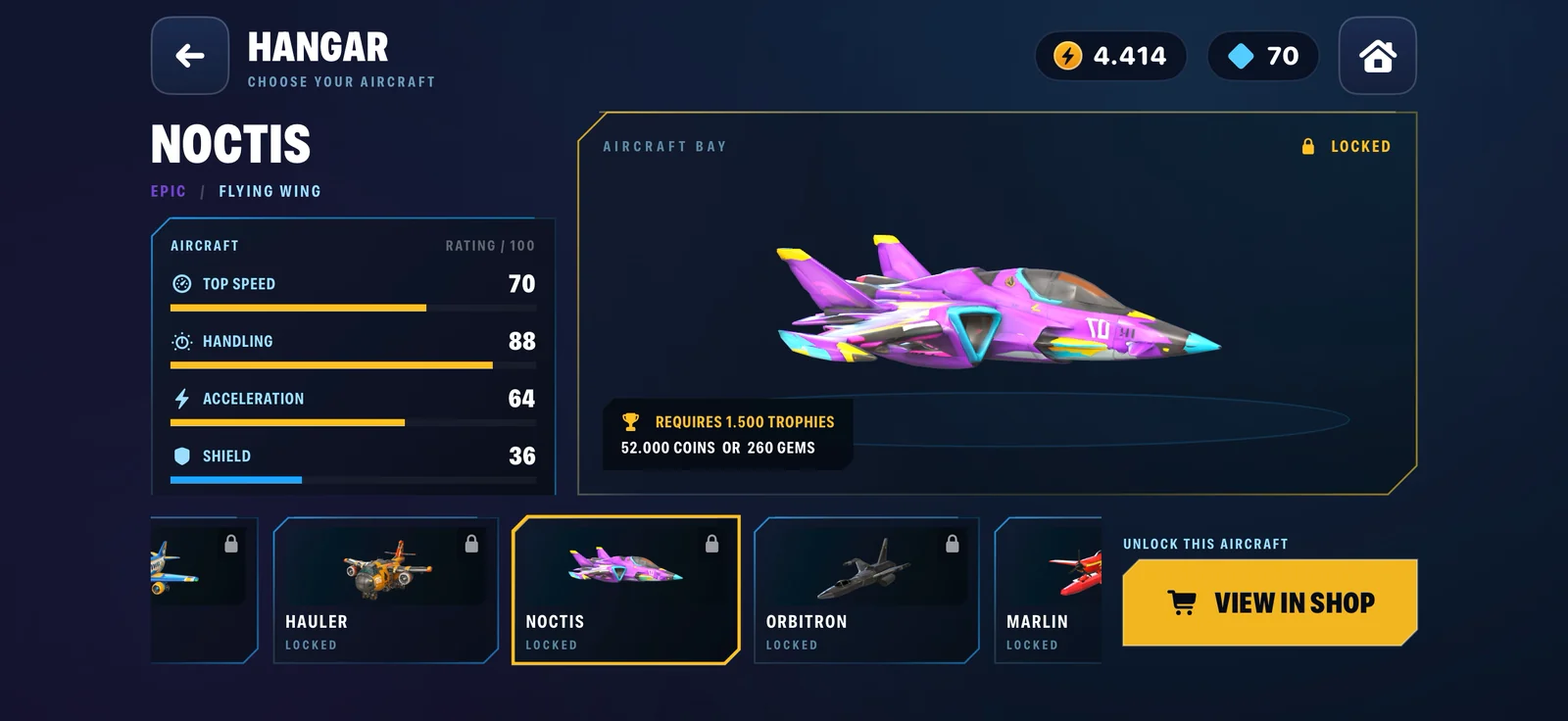 Noctis aircraft shown in the Skydrifty hangar with performance ratings and aircraft carousel.